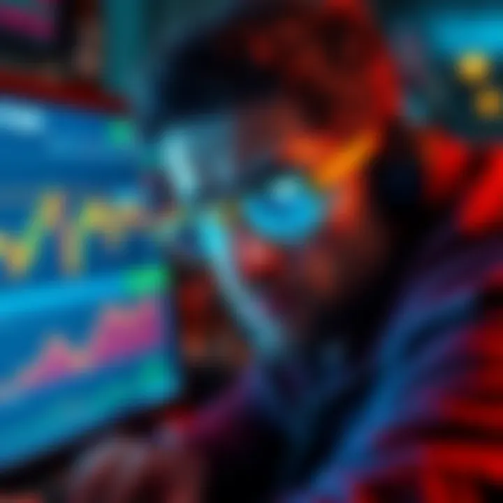 A man with glowing eyes looking at a computer screen displaying buttcoin graphs, showing concern about the market.