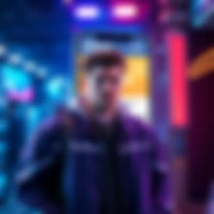 MrBeast stands in front of a mobile banking app display, promoting his new financial venture for teens.