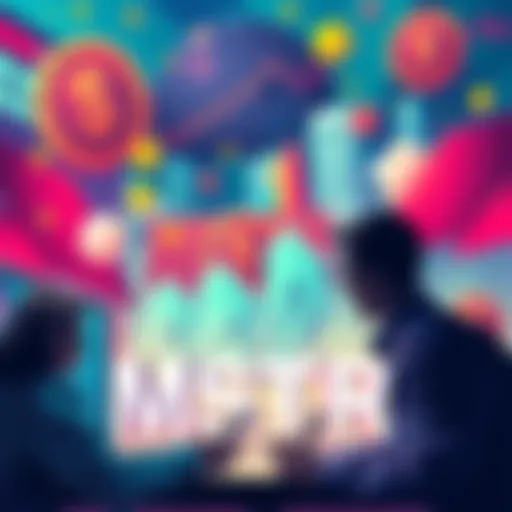 A depiction of MSTR's vibrant marketing campaigns with financial symbols and worried investors looking at their options.