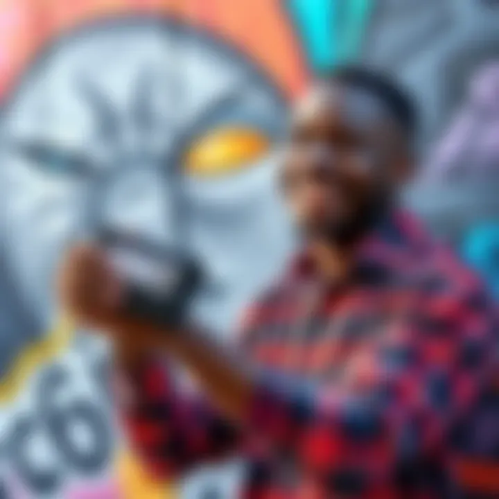 Mural artist smiling as they scan a Bitcoin QR code, showing a digital wallet with a donation receipt