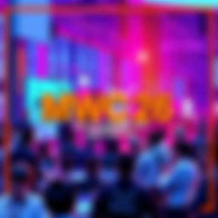 A bustling conference scene at MWC26 featuring industry leaders discussing blockchain technology and telecommunications