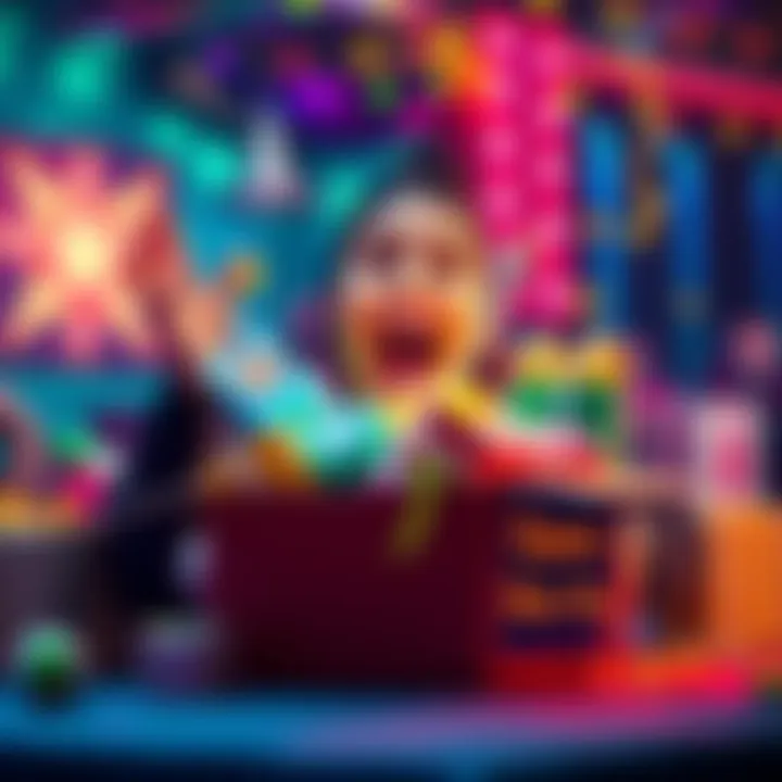 A person happily unboxing a mystery box filled with colorful surprises and gifts.