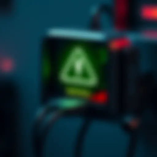 A charger plugged into a Nano X device that shows a warning sign about battery issues