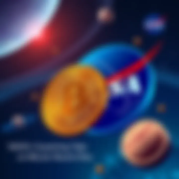 Illustration showing a Bitcoin symbol next to NASA's logo with a backdrop of stars and planets, highlighting the link between space technology and cryptocurrency.