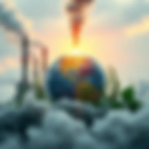 A globe surrounded by factory smoke and green plants, symbolizing the clash between climate change and capitalism.