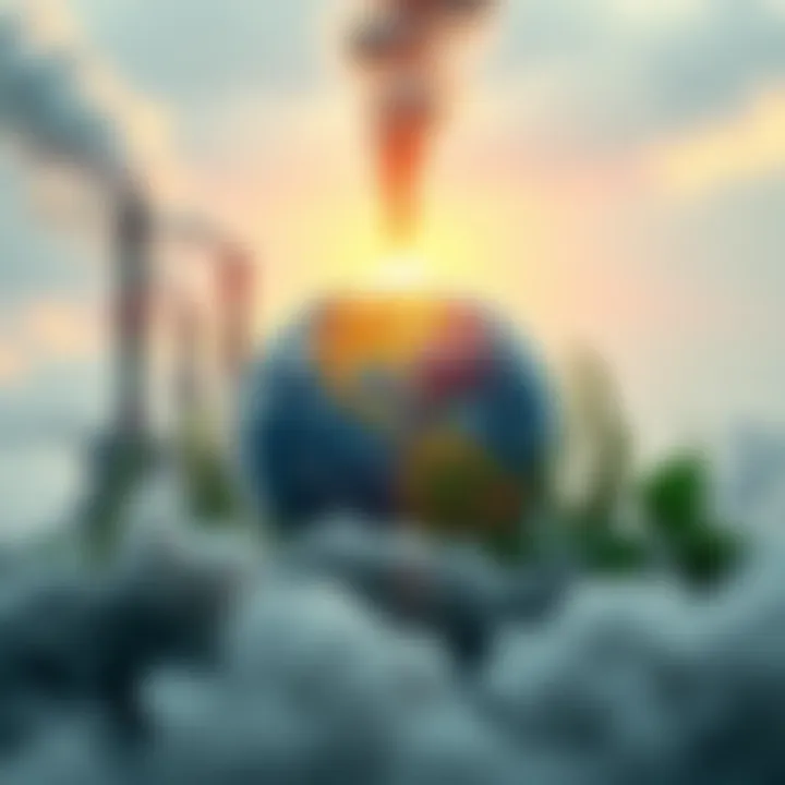 A globe surrounded by factory smoke and green plants, symbolizing the clash between climate change and capitalism.