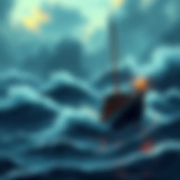 Navigating Economic Turbulence A visual metaphor of financial uncertainty with stormy seas and a sturdy boat seeking safe harbor.