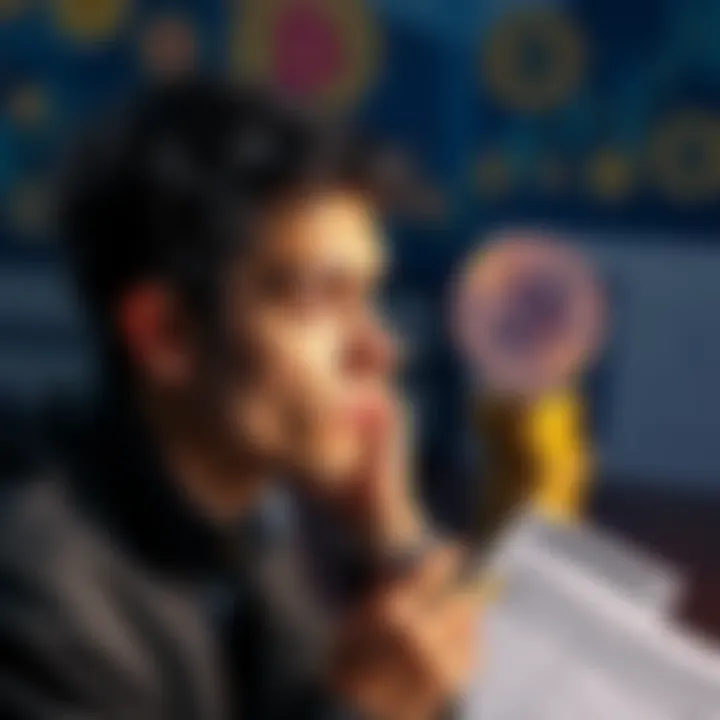 A thoughtful individual contemplating the nuances of inherited cryptocurrency with the backdrop of digital coins and tax documents