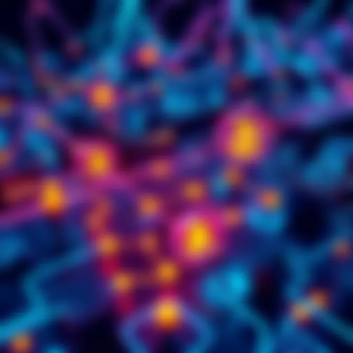 A person looking at a laptop displaying a complex cryptocurrency interface, with symbols of various coins around