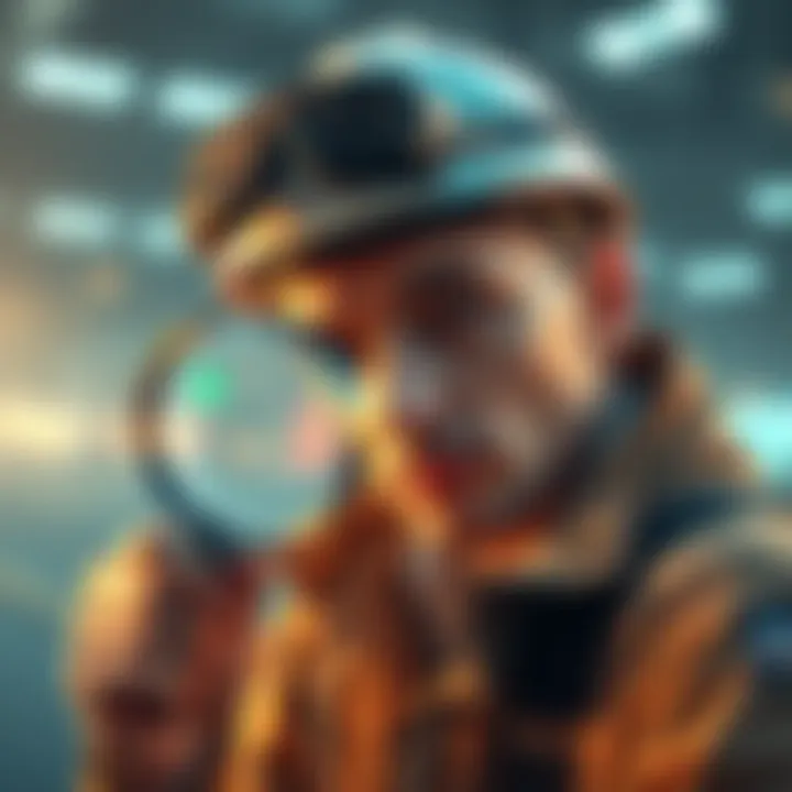 A thoughtful buyer examining various miners with a magnifying glass, symbolizing vigilance against scams