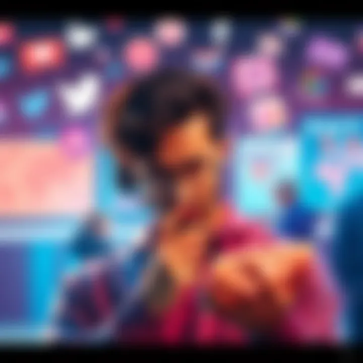 A person thoughtfully examining a social media post, surrounded by symbols of fact-checking and critical thinking.