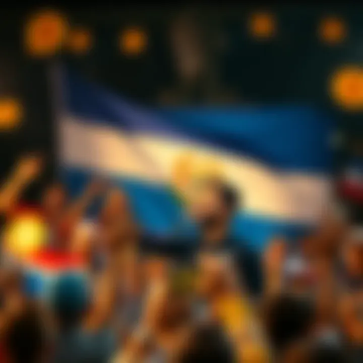 Nayib Bukele addressing a crowd of enthusiastic supporters in El Salvador, with a vibrant backdrop of the national flag and Bitcoin symbols.