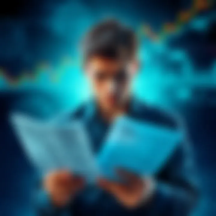 A person looking anxious while holding investment papers, surrounded by financial charts and graphs, symbolizing fear in investing.