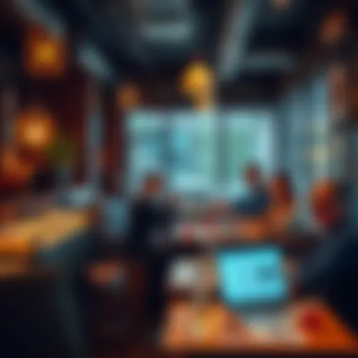A group of people discussing blockchain ideas in a cozy Bay Area cafe with laptops and drinks on the table