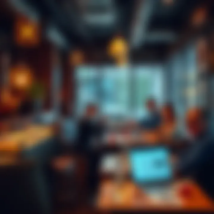 A group of people discussing blockchain ideas in a cozy Bay Area cafe with laptops and drinks on the table