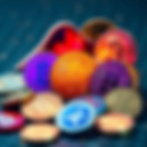An assortment of digital coins representing new cryptocurrency investments for 2026.