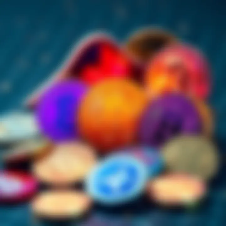 An assortment of digital coins representing new cryptocurrency investments for 2026.