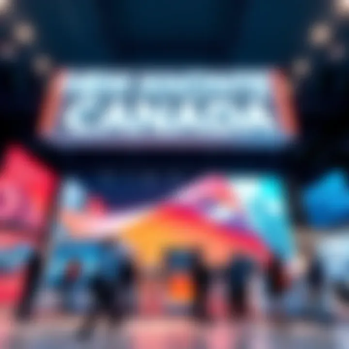 A vibrant display showcasing the new design concept, highlighting modern elements and innovative features, with people engaging in discussions around it.