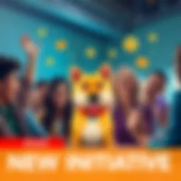 A group of people excitedly discussing the New Doge initiative with graphics of a dog and community symbols