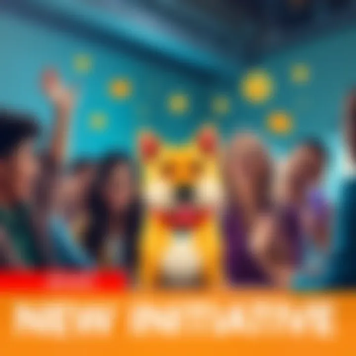 New Doge Initiative A group of people excitedly discussing the New Doge initiative with graphics of a dog and community symbols