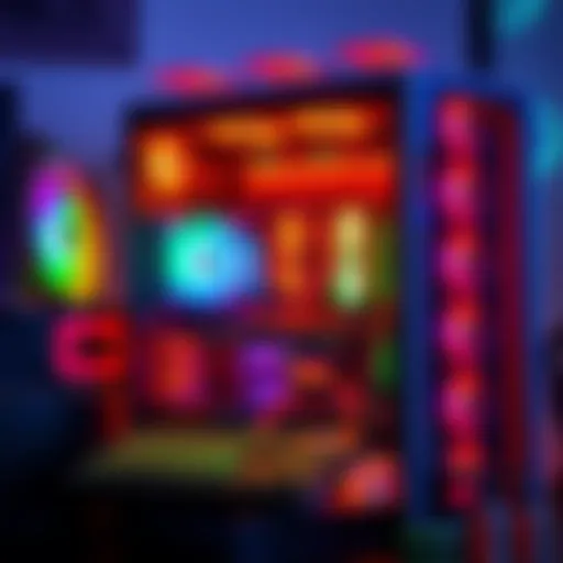 A newly built PC with colorful components and accessories, ready for gaming.