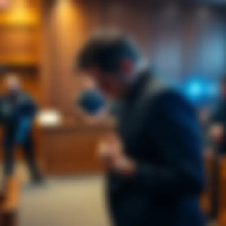 A man in handcuffs looks down while being led away by police. A courtroom setting is in the background, suggesting a serious legal situation.