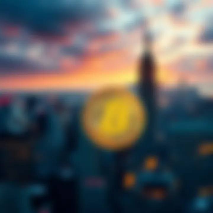 A bold depiction of cryptocurrency coins with New York skyline in the background