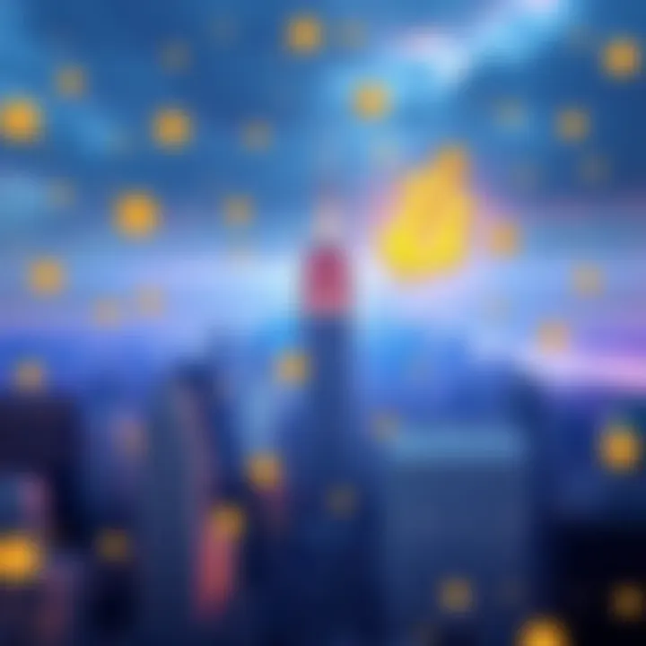 New York skyline with cryptocurrency symbols and tax symbols, illustrating the new digital asset tax proposal
