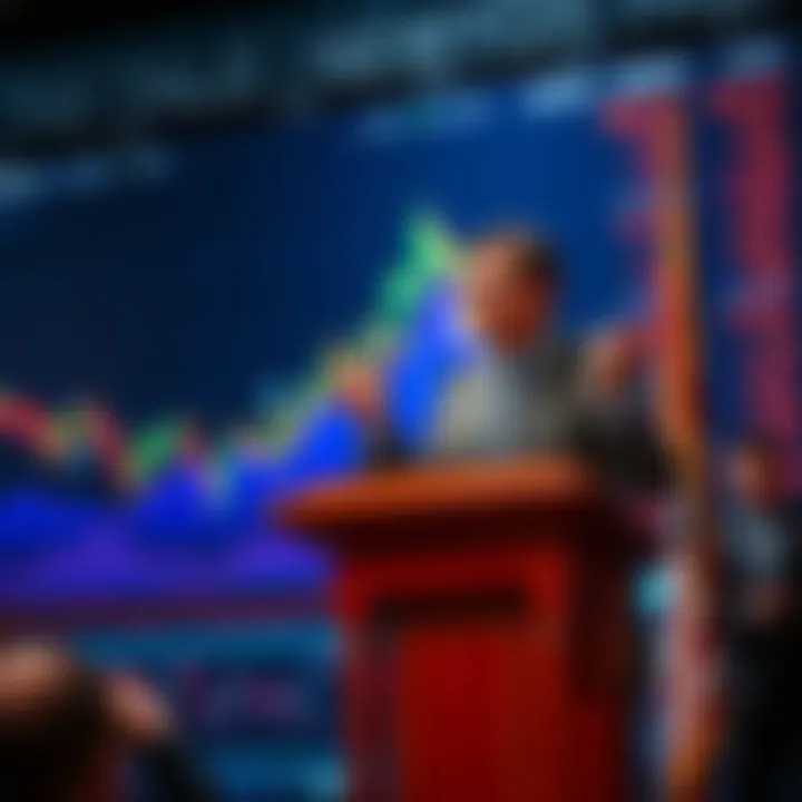 A New York lawmaker stands at a podium, addressing the media about a new tax on cryptocurrency sales and transfers, with financial charts and graphs in the background.