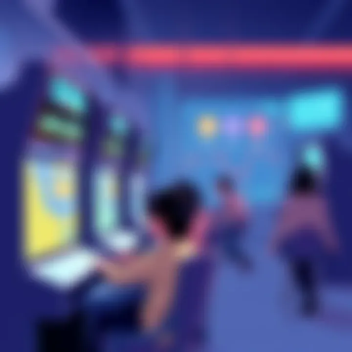 An illustration showing arcade machines with players engaged, alongside digital tracking graphics, representing improved tracking and rewards system in gaming.