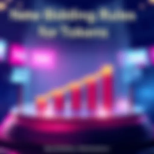Illustration showing a graphic representation of bidding rules with tokens being placed before reaching a price limit, symbolizing changes in auction strategies.
