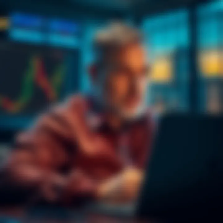 A 42-year-old person looking at Bitcoin charts on a laptop, considering investment options with a thoughtful expression.