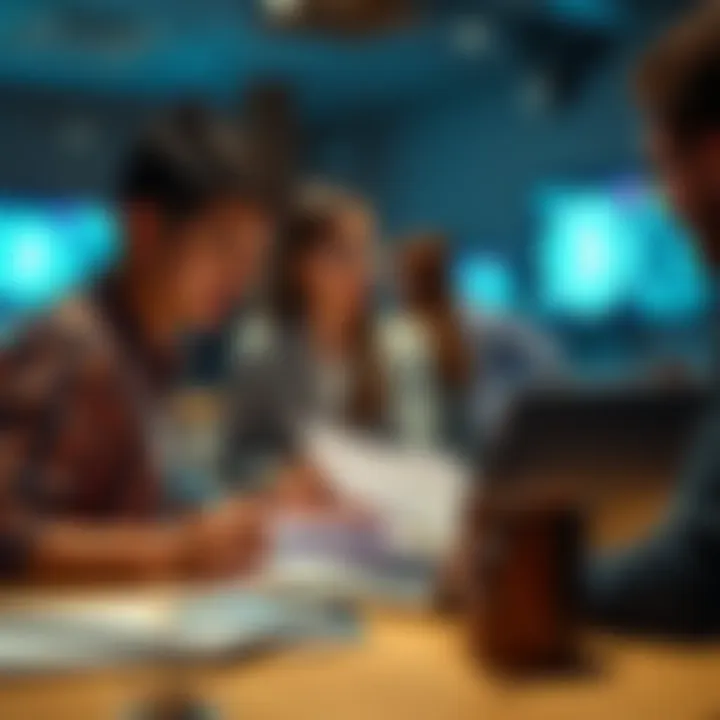 A group of people discussing a new cryptocurrency bill with documents and a laptop.