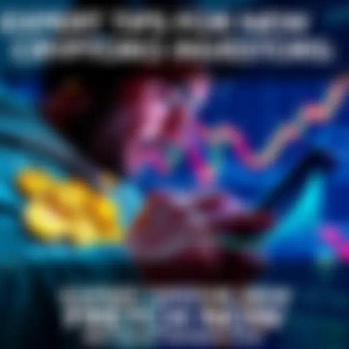 A person looking at a phone with cryptocurrency apps open, analyzing investment options, surrounded by coins and financial charts.