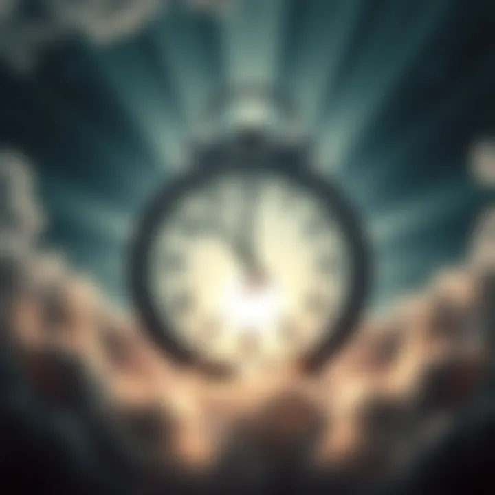 A clock striking midnight symbolizing the beginning of a new era in 2025, with bright rays of light shining through clouds.