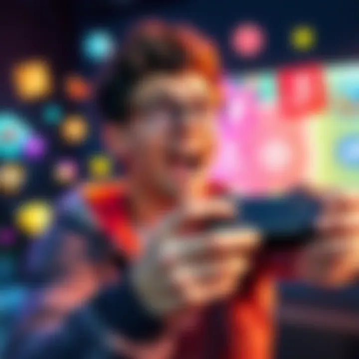 A new gamer excitedly holding a game controller, surrounded by colorful game icons and tips for free-to-play gaming.