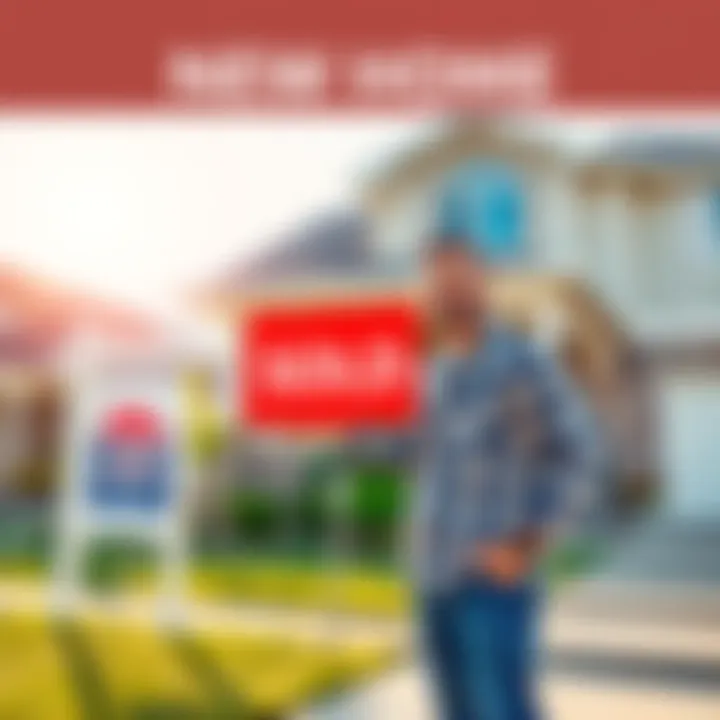 A happy homeowner stands in front of their new house, holding a sold sign and smiling, with a sunny background