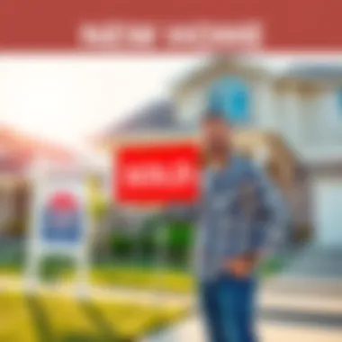 New Home Celebration A happy homeowner stands in front of their new house, holding a sold sign and smiling, with a sunny background