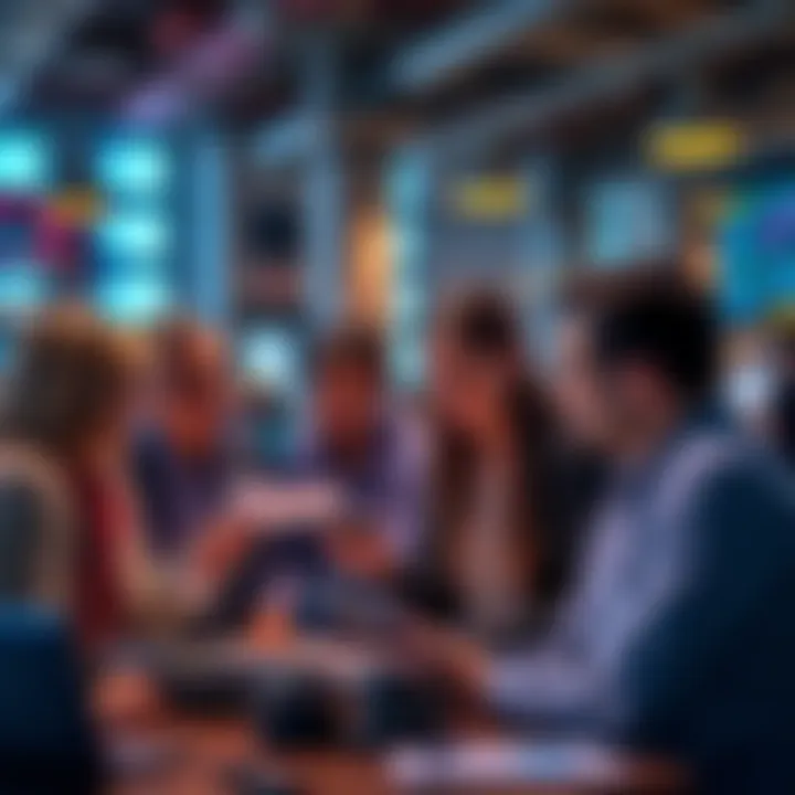 A group of new investors discussing strategies with charts and calculators, focusing on dollar-cost averaging in a lively setting.