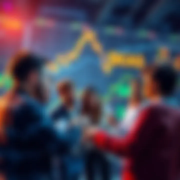 A group of new investors discussing strategies for buying $KAS, with charts and graphs in the background.