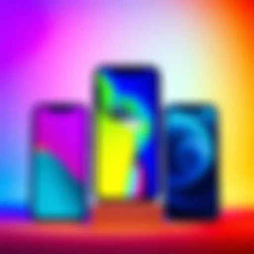 Three new iPhones on display with colorful backgrounds showcasing their designs