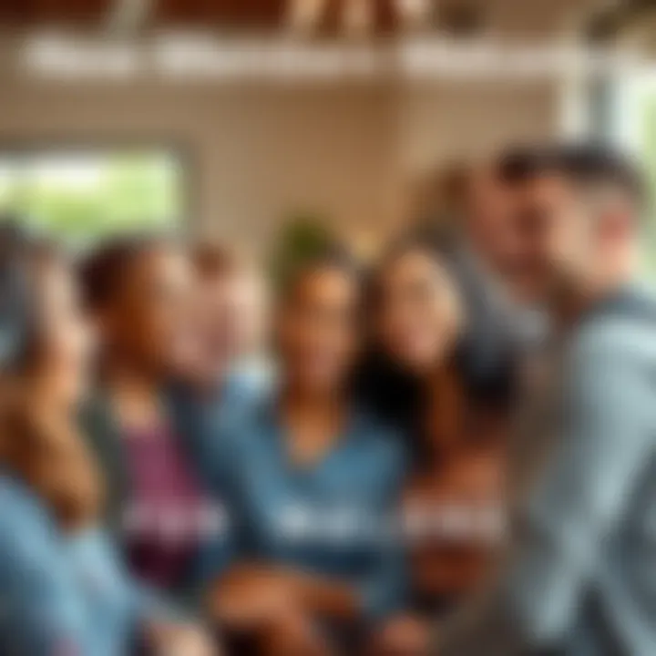 A group of diverse people smiling and greeting each other in a welcoming community setting