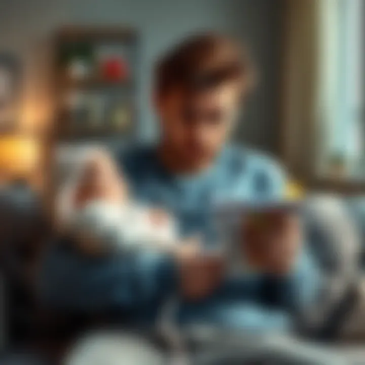A tired new dad holds a baby in one arm and snacks in the other, looking overwhelmed but determined while sitting in a cozy living room.