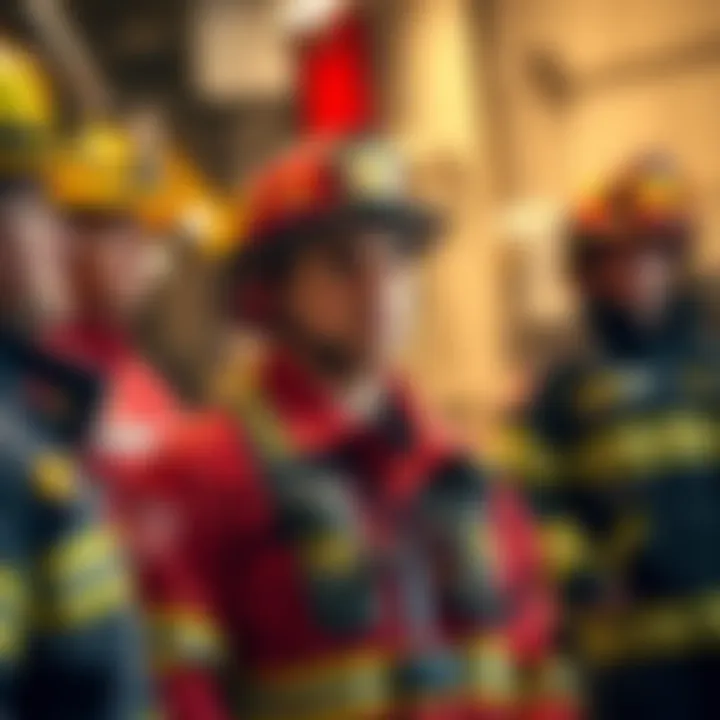 A new volunteer firefighter in uniform stands with experienced firefighters, looking engaged and eager to learn.