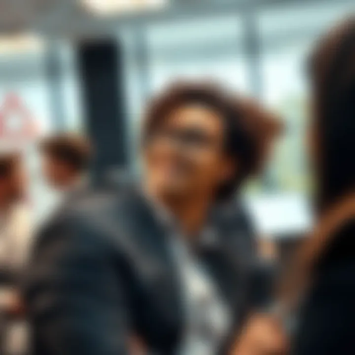A new salesperson experiencing challenges and triumphs on their first day in a busy office environment, engaging with colleagues and clients.