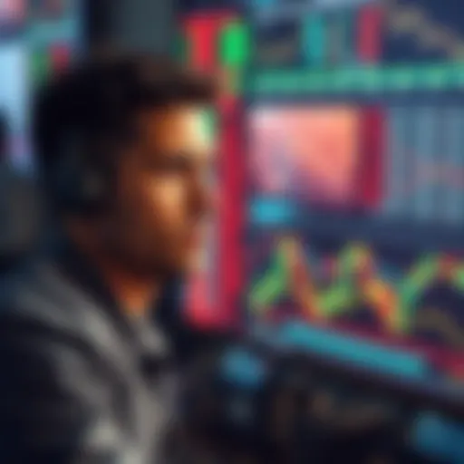 A confused new trader staring at a computer screen filled with complex exchange charts and options