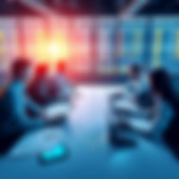 A brainstorming session with traders discussing innovative tools for trading, featuring charts and digital devices on a table.