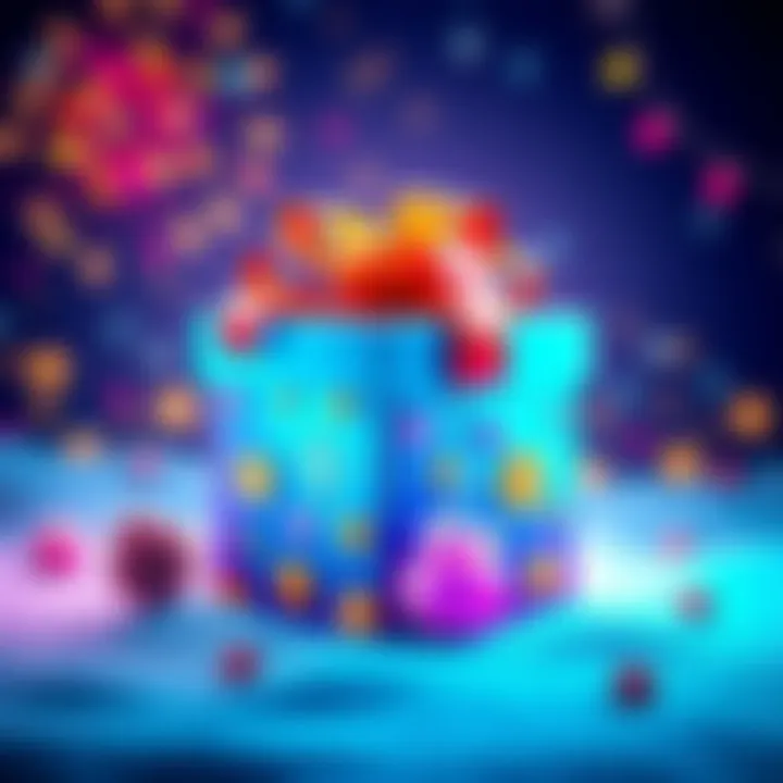A colorful gift box with cryptocurrency symbols and a New Year theme, representing a special offer for a crypto gift on BitMart.