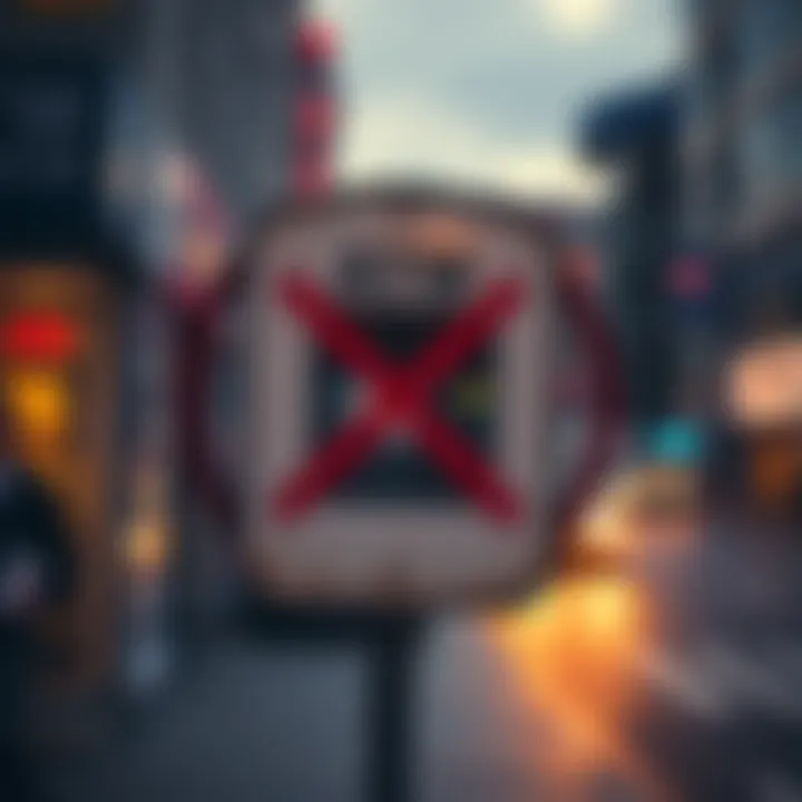 A sign indicating the ban of crypto ATMs in New Zealand with a background of a city street scene