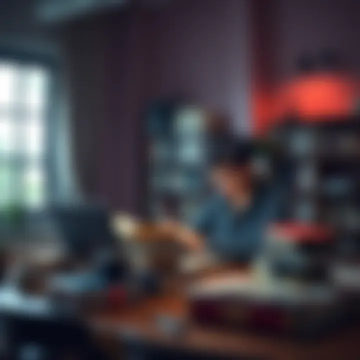 A person sitting at a desk surrounded by books and a laptop, focusing on learning new skills.